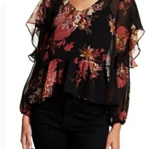 Halogen Chiffon Dark Floral Blouse w/"Cold Arm" Ruffled Sleeve size Halogen 1